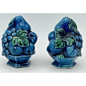 Vintage Inarco Salt & Pepper Shakers Set Mood Indigo Blue Fruit Embossed Japan